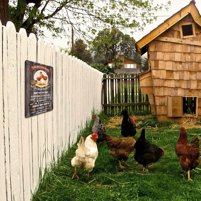 YOYI ART Funny Chicken Coop Rules Sign - Rustic Vintage Metal Chicken Signs, Chicken Coop Decor Sign for Outdoor Farmhouse, Chicken Decor Outdoor for Farm Fence, Chicken Gifts for Women, 8 x 12 inch