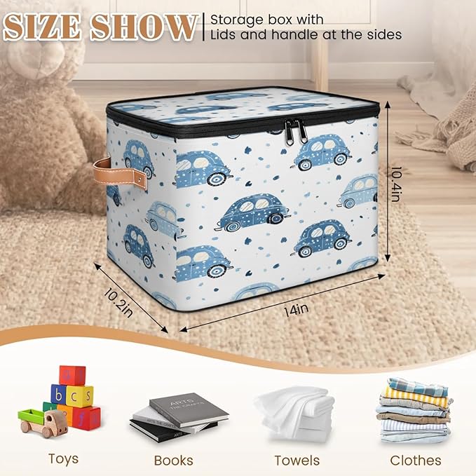 Storage Cubes with Lid Fabric Storage Bins Boxes PU Leather Handles, Cute Cars Closet Organizer Container Foldable Washable Shelf Cloth Basket, Cartoon Car