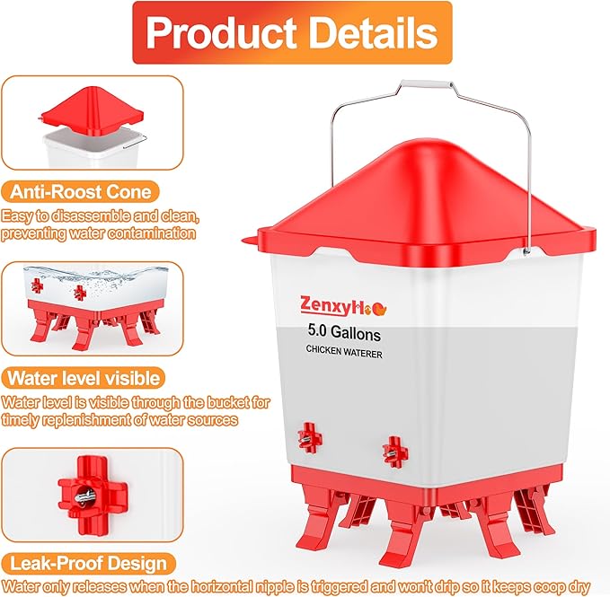 5.0 Gallons Chicken Waterer Bucket with 4 Horizontal Water Nipples, Adjustable Heights and Anti Roost Cone