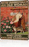 Vintage Garden Tin Sign Never Underestimate Old Lady Who Loves Cats And Gardening Retro Metal Sign Rustic Nostalgic Wall Decor For Home Garden Plaque Yard Patio Porch Living Room 16 * 12 In