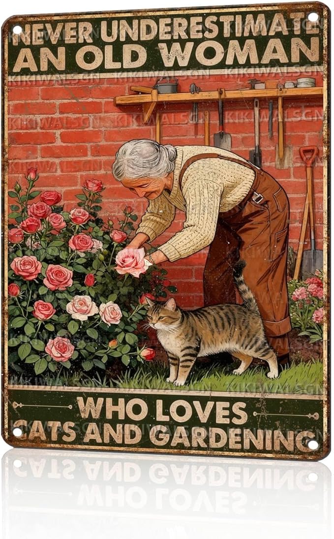 Vintage Garden Tin Sign Never Underestimate Old Lady Who Loves Cats And Gardening Retro Metal Sign Rustic Nostalgic Wall Decor For Home Garden Plaque Yard Patio Porch Living Room 16 * 12 In