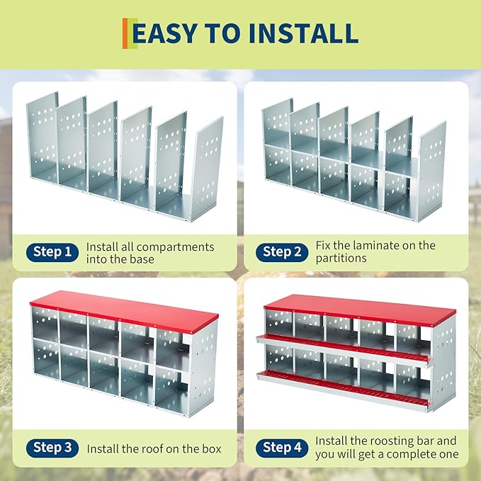 Metal Chicken Nesting Boxes - 10 Hole Wall-Mountable Laying Boxes with Flip-Top Lid & Roll-Away Egg Collection, Weatherproof Galvanized Steel, Includes 10 Fake Eggs for Chicken Coop, Red