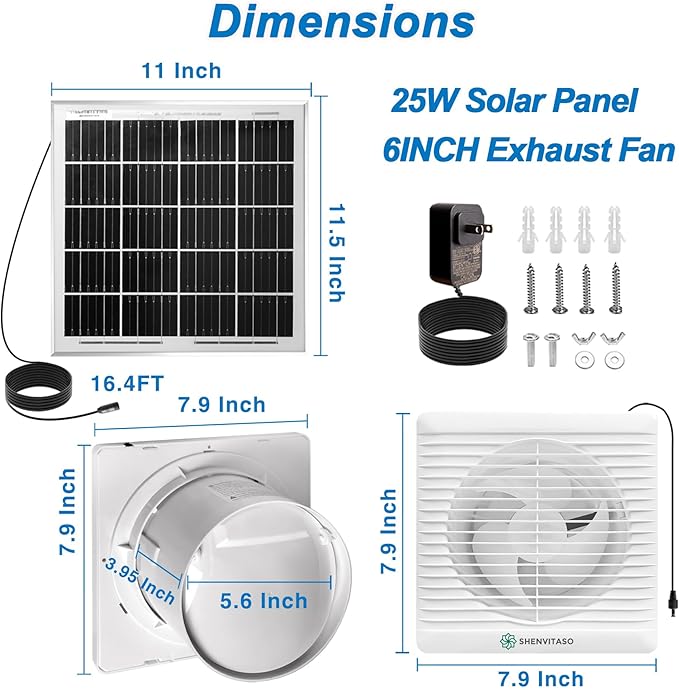 Solar Exhaust Fan – Compact for Small Spaces, Brushless Quiet 6" Ventilation Vent Fan, 25W Solar Panel with Bracket, Anti-Backflow Valve; for Chicken Coops, Pet Houses, Sheds, Greenhouses (White)