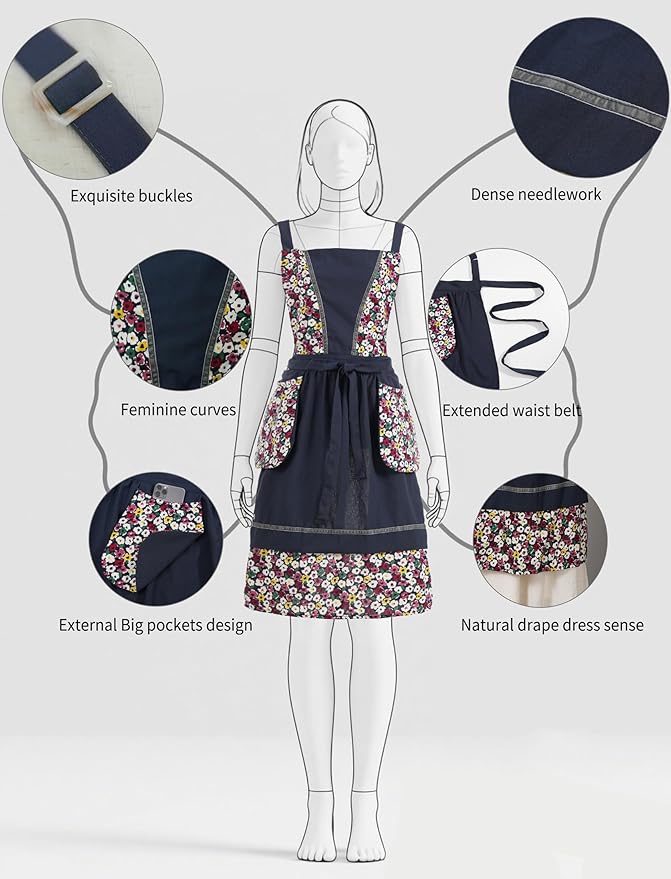 Kitchen Aprons for Women with Pockets Cute Vintage Chef Pinafore Apron for Gardening Cooking Baking Painting