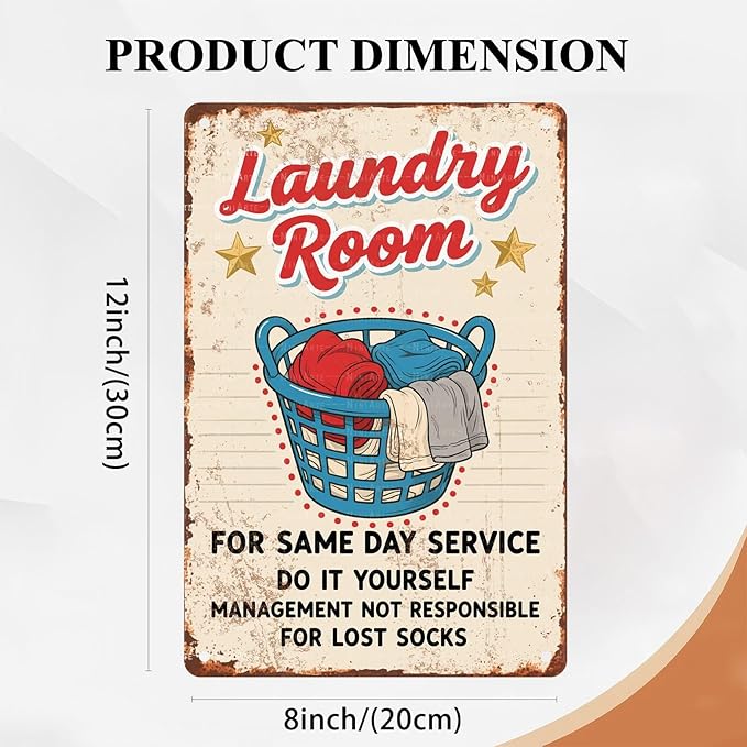 Vintage Laundry Room Metal Tin Sign Retro Styled Wall Art for Bathroom Decor and Utility Room Wall Display 8X12Inch