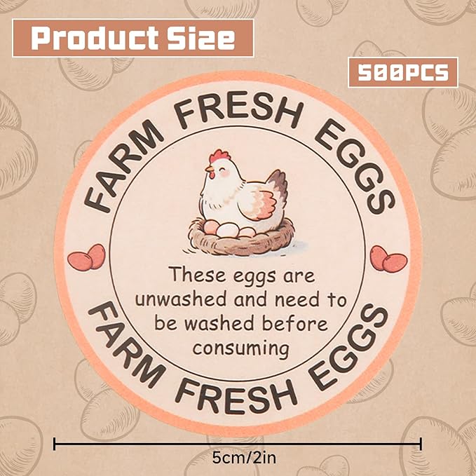500 Pcs Farm Fresh Eggs Carton Labels Stickers 2 Inch Unwashed Egg Packaging Stickers for Chicken Duck Quail