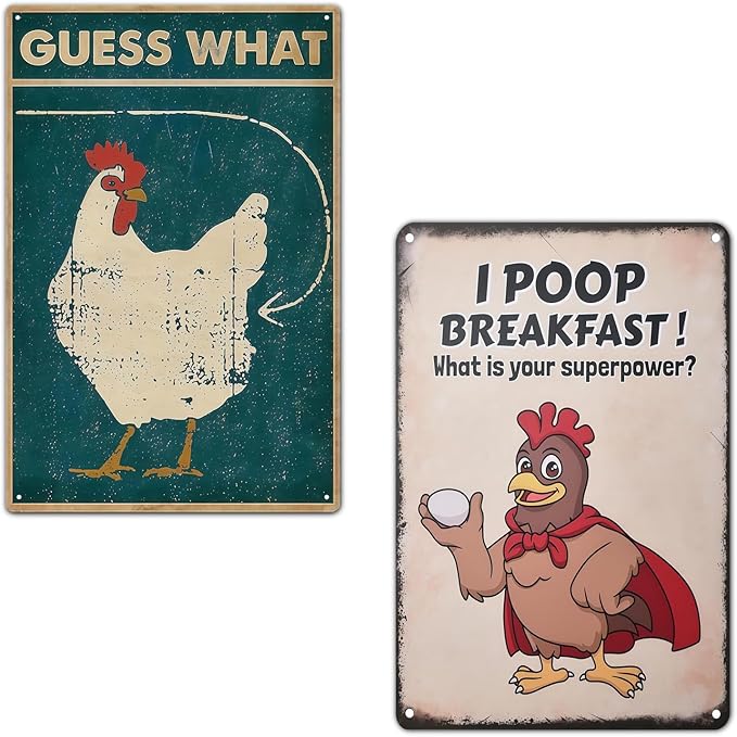 2 pack Funny Chicken Decor -Metal Chicken Coop Sign for for Farm Yard Decor, Farm Signs for Home Kitchen Outdoor Decor 12" * 8"