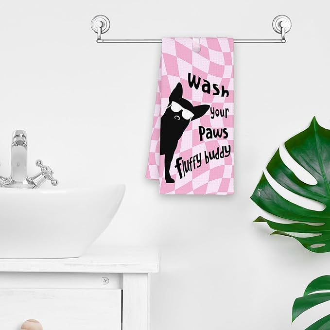 Pink Cute Dog Chihuahua Bathroom Kitchen Towels, Funny Wash Your Paws Hand Towel for Girly Room, Chihuahua Gifts for Dog Lovers, Trendy Preppy Checkered Dish Towels Decor for Dorm 16x24in