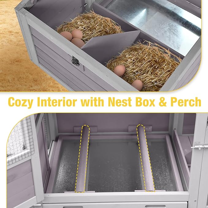 Aivituvin Large Chicken Coop Wooden with Wheels, Mobile Chicken Coop with Nesting Box & Waterproof Asphalt Roof, Expandable Chicken Cage with Run for 2–3 Chickens, Duck House