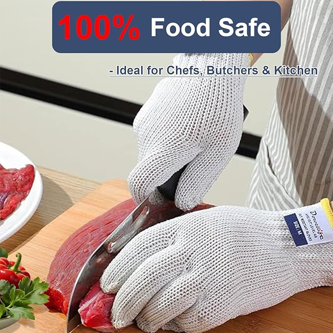 Dowellife Level 8 Reinforced Cut Resistant Gloves, Food Grade, Knife Safety Gloves for Meat Cutting, Oyster Shucking, Fish Fillet, Kitchen Slicing Carving, Small (Pack of 2)