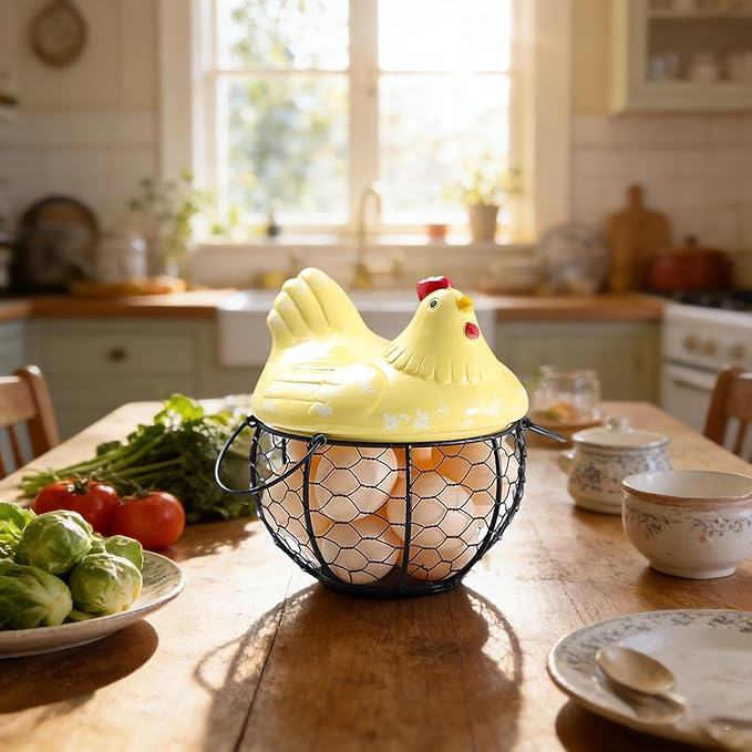 Egg Storage Organizer for Kitchen Countertop, Ceramic Chicken Lid with Wire Basket Dispenser, Black Chicken Egg Holder for Fresh Eggs, Rustics Egg Dispenser Rack for Farmhouse Decor (Yellow)