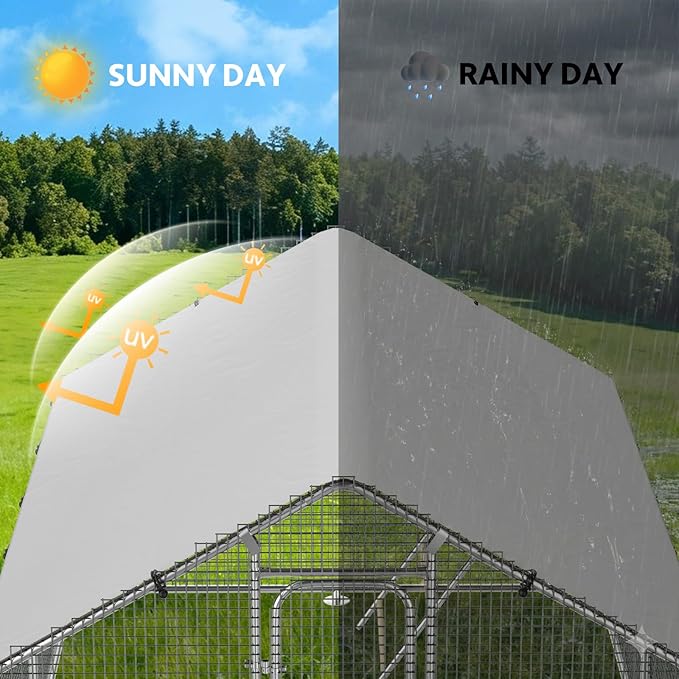 Large Metal Chicken Coop Run with Roosting Perch, Outdoor Poultry Cage with Waterproof & UV-Resistant Cover for Chickens, Ducks, Rabbits in Yard or Farm Use, Spire Roof (8.9'W x17.7'L x 6.6'H)