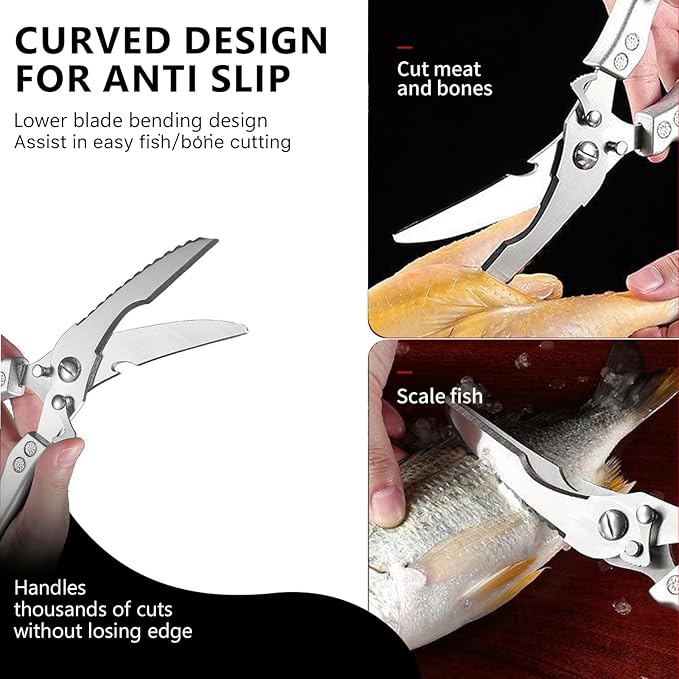 Heavy Duty Poultry Shears with Fish Scaler, Spring Loaded Kitchen Scissors for Food, 2CR14 Steel, Safety Lock, Silver Handle, Dishwasher Safe – Tutuyao Chicken Turkey Meat Fish Scissors