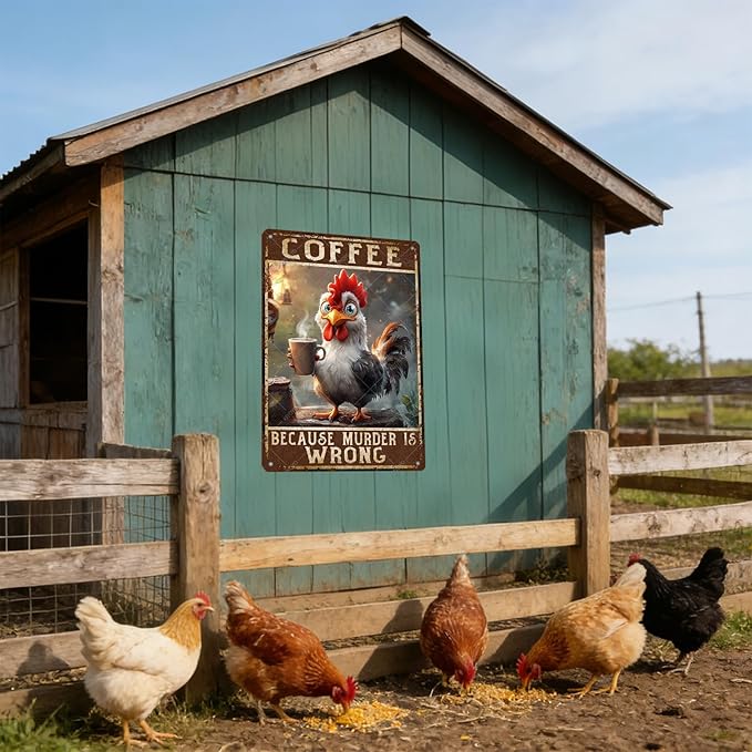 Chicken Coffee Because Murder Is Wrong Vintage Metal Tin Sign Rustic Farmhouse Wall Decor for Kitchen Cafe Barn Country Home Retro Iron Art Plaque 16x12 Inch