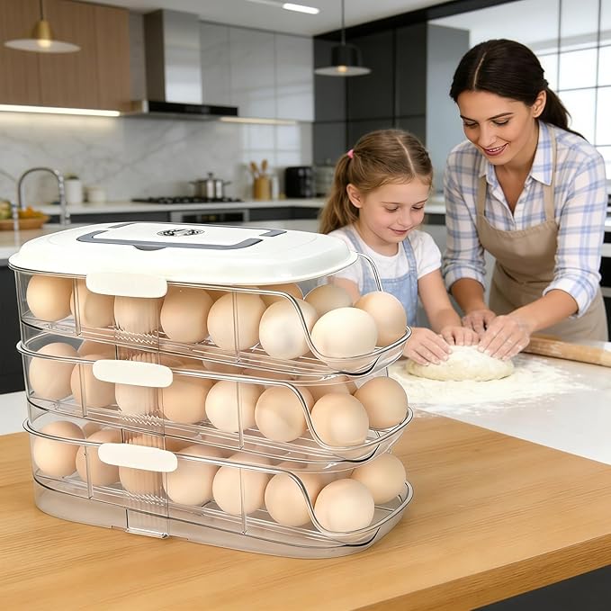 Egg Dispenser for Refrigerator, 3-Layer Clear Plastic Egg Holder Adopt Transparent PET Material & Hidden Handle Design – Egg Organizer for Refrigerator with Cover Lock Buckle (Capacity of 42 Eggs)