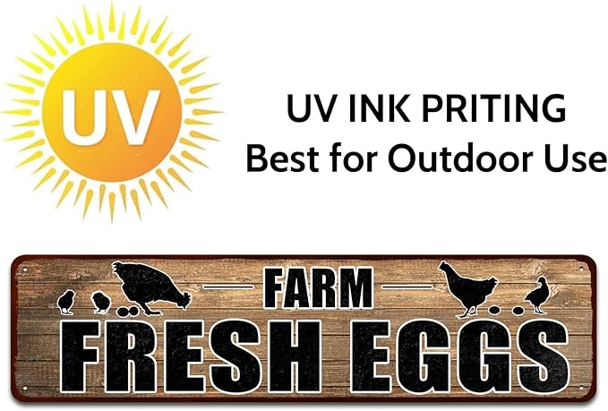'Farm Fresh Eggs' Retro Vintage Metal Tin Bar Sign, Decorative Wall Art Signage, Primitive Farmhouse Country Kitchen Home Décor, 16" x 4"
