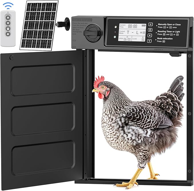Large Size Automatic Chicken Coop Door Solar - Powered Auto Chicken Door Opener, Automatic Chicken Door with Timer/Light Sensor Modes, Intelligent Obstacle Sensors, Remote Control, 14.76"H x 11.02"L