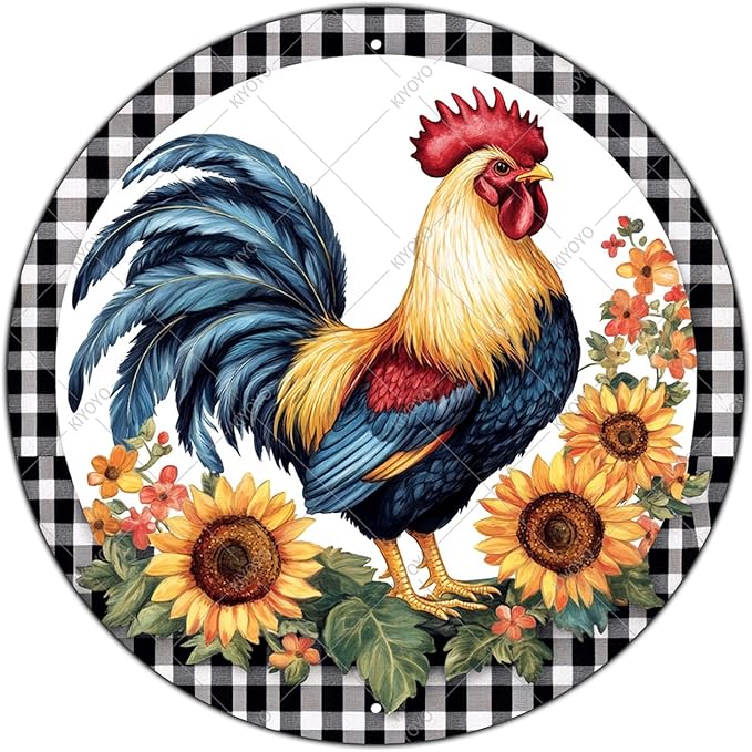 Round Metal Tin Sign Rustic Wall Decor Plaque Rooster Chicken Farm Animal Wreath Sign,Suitable for Home Garden Kitchen Bar Cafe Restaurant Garage Wall Decor Retro Vintage 8 Inch