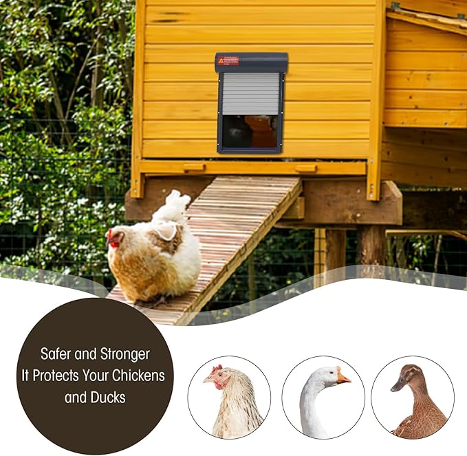 Grey Solar Powered Automatic Chicken Coop Door with Timer Control, Programmable LED Display Controller for Poultry Conservationion