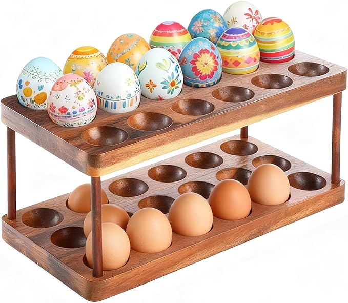 Acacia Wood Egg Holder for 36 Eggs, Rustic Countertop and Refrigerator Storage Tray, Farmhouse Kitchen Organizer with 1.5" Holes, Easy Clean Deviled Plates for Easter Decor,11.5" x 5.75" (2)