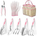Garden Tools, 8 Piece Gardening Tools with Bag, Heavy Duty Stainless Steel Garden Tools Set, Outdoor Hand Tools, Ideal Garden Tool Kit Gifts for Women Pink.