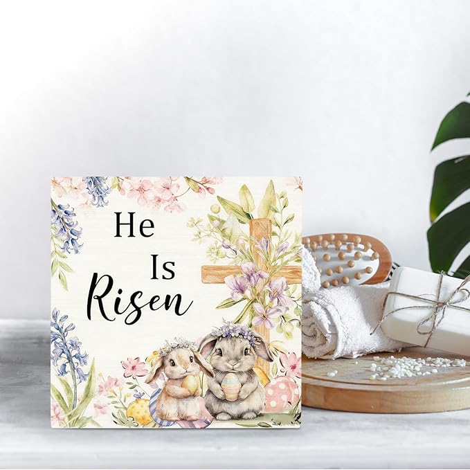 Easter Christian Bunny Wooden Box Sign Desk Decor, He Is Risen Easter Decor, Spring Floral Religious Cross Rabbit Wood Signs for Home Office Table Shelf Decorations, 5x5 Inch