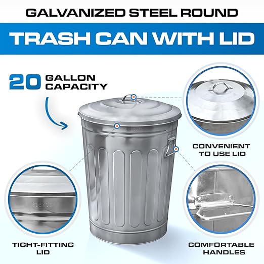 Plexon 13 Gallon Metal Trash Can and 5 Gallon Small Metal Trash Can with Lids Heavy-Duty Outdoor and Indoor Set for Storage Ash Bucket Bird Seed and Farm Use, Bundle