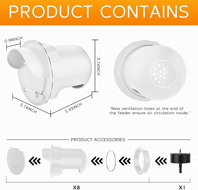 Chicken Feeder Port 8 Pack Poultry No Waste Port Kit with Stopper Lid, 1 Hole Saw, DIY Automatic Reusable Coop Feeders, Rain Proof Gravity Feeding Geese Duck Hens Rooster for Bucket Barrel Bin (White)