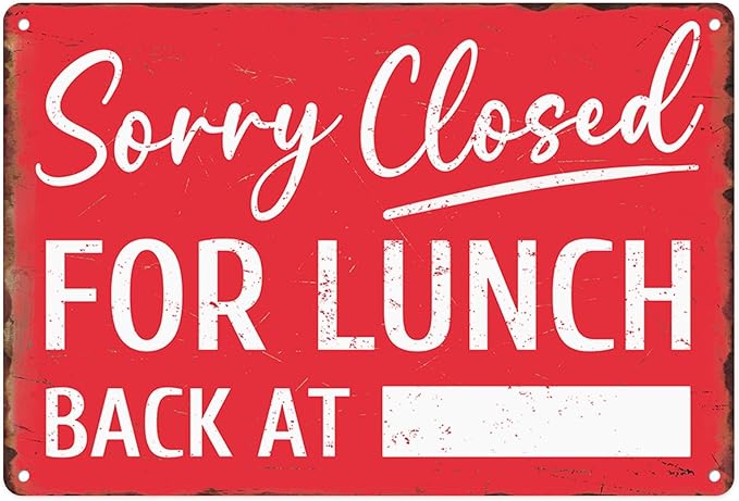Sanwarm Metal Sign 8X12 Inch, Sorry Closed for Lunch Back At Notice Gone To Lunch Vintage Tin Sign Wall Art Decor for Store, Office, Hotel, Cafe and Pub Decoration