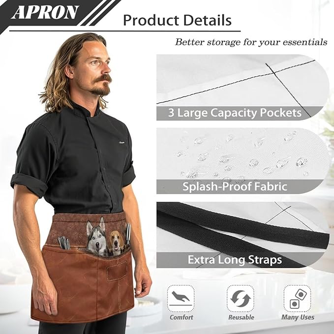 Waist Apron with 3 Pockets Waterproof 13 Inch Short Half Waist Aprons Women Men Server Aprons Waitress Waiter Apron