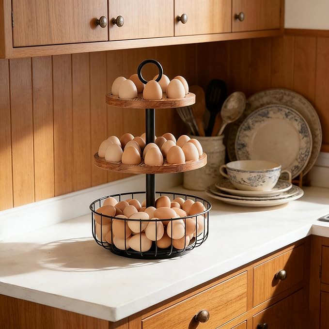 3-Tier 360° Rotating Egg Holder with 24+40 Egg Capacity - Rustic Farmhouse Kitchen Counter Organizer, Tiered Storage Rack with Ventilated Wooden Trays & Metal Basket for Easy Access and Freshness