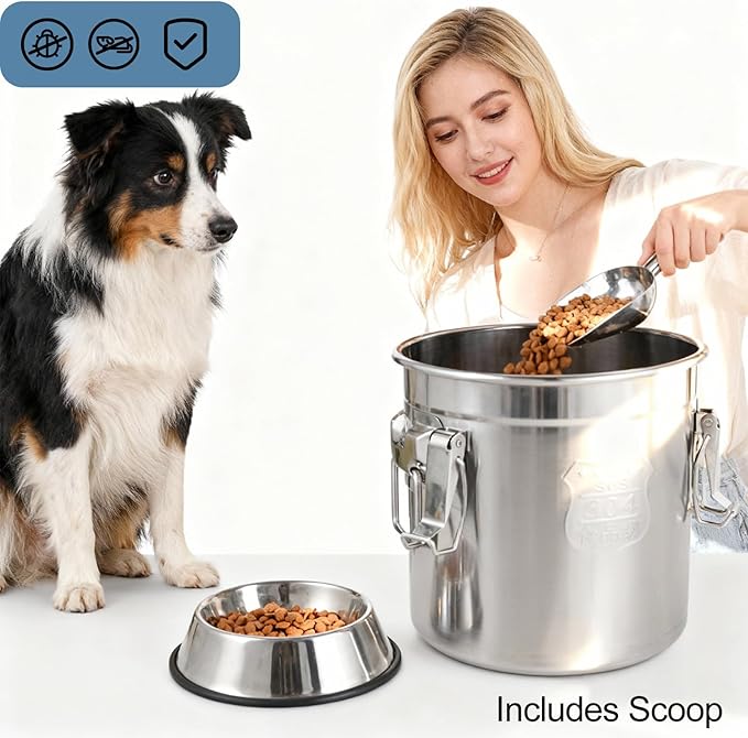 Stainless Steel Dog Food Storage Containers with Scoop, Fits up to 12Lbs, Large Pet Food Storage Container with Airtight Lid and Locking Clamp Metal Pet Food Bin for Dogs and Cats, Keep Fresh