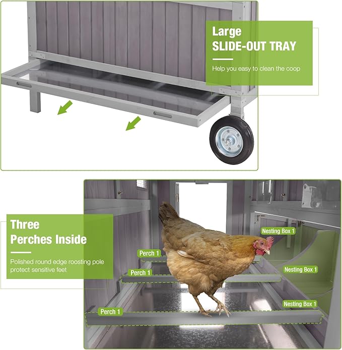 GUTINNEEN Chicken Coop with Super Large Wheels Durable Hen House with Metal Iron Bracket for 2-4 Chickens