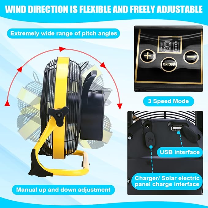 Sumind Solar Powered Fan 15000mah 20w Portable Ventilador Rechargeable Camping Fan Battery Powered with Panel and Light for Outside, Home, Travel, Chicken Coop, Shed, Greenhouse(Yellow,10 Inch)