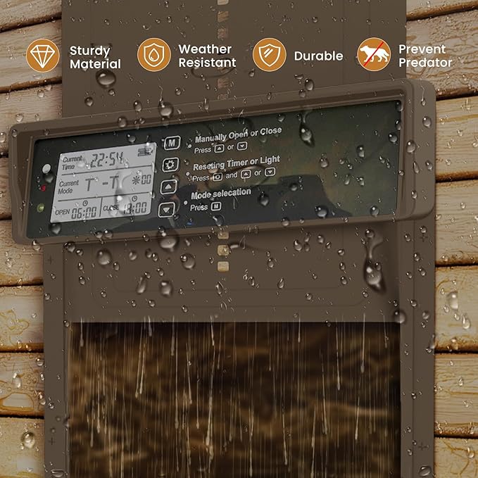 Automatic Chicken Coop Door - Auto Chicken Coop Door with Timer, Sensor, & Remote Control - Smart Poultry Door Opener with Durable Construction - Chicken Coop Supplies & Accessories - Brown