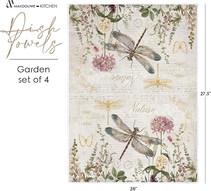 4 Pcs Vintage Garden Nature Kitchen Towels Dish Towels, Decorative Bird Bunny Dragonfly Bee Design, 27.5x20 Inch Farmhouse Absorbent Decoration Hand Towels (Garden)