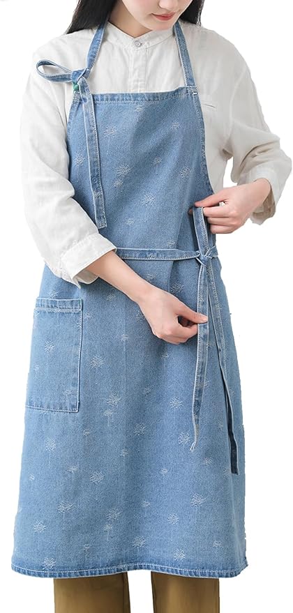 Cotton Denim Apron Soft - Unisex Adjustable Bib Apron with 5-Pockets Perfect for Kitchens