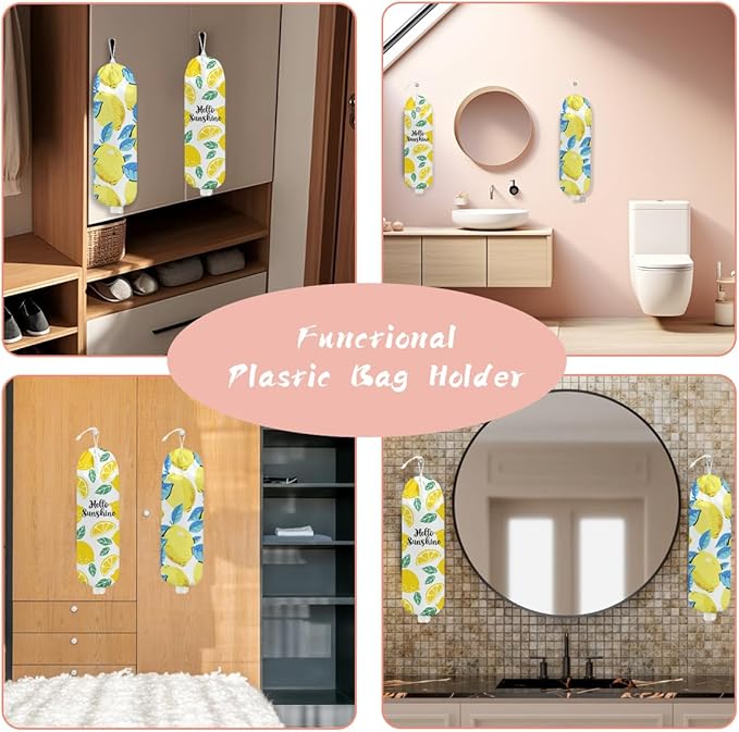 2PCS Lemon Plastic Bag Holder, Wall Mount Grocery Bag Holder for Plastic Storage bag, Lemon Storage Organizer Reusable Grocery Bags, Pull Rope Free Adjustment, Gifts for Women Mom Grandma