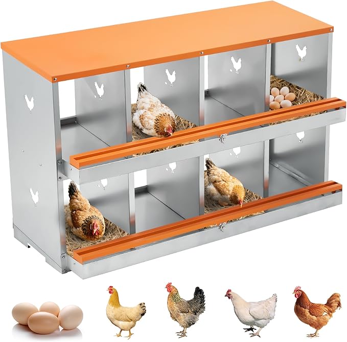 Chicken Nesting Boxes, 8 Hole Roll Away Chicken Egg Laying Box with Lid, Metal Nesting Boxes for Chickens with Swing Perch and Roll Away Egg Collection for Chicken Coop, Double Layer 8 Compartments
