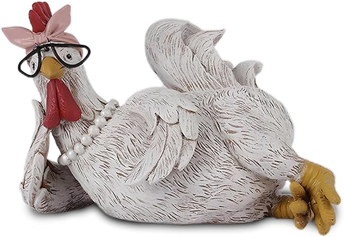 Resin Chicken Figurine with Glasses – Distressed Faux Taxidermy – Resin & Metal Animal Sculpture – Country Western Themed Party Decorations – Farmhouse Style Decor for Home, Office Desk & More