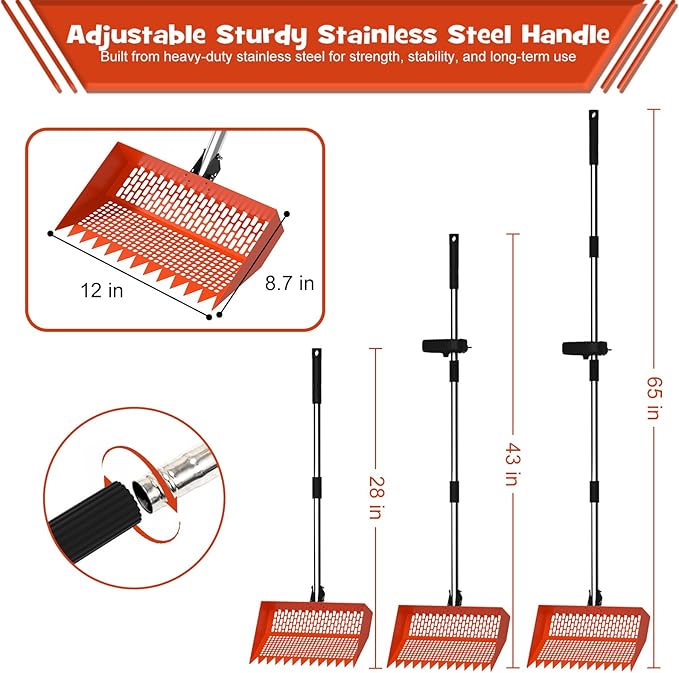 Chicken Poop Scooper & Rake 2-in-1 – 12 Inch Shovel Head & 3-Angle Adjustable 304 Stainless Steel Handle, Chicken Litter Scoop and Coop Rake & Sand Sifting Shovel for Chicken Coops, Orange