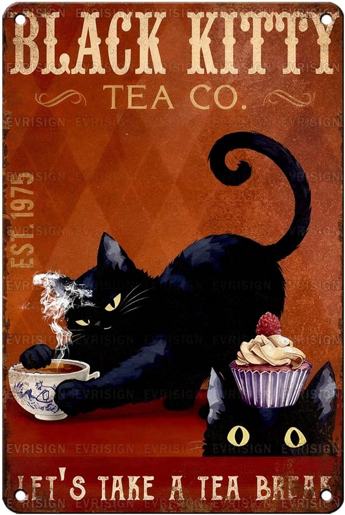 Vintage Black Cat Tin Sign Let's Take A Tea Break Retro Metal Sign Funny Cat Lovers Nostalgic Wall Decor Decorations for Home Office Cafe Shop Kitchen Bar Living Room Bedroom 12 * 8In