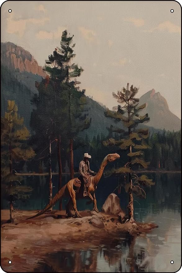 Vintage Dinosaur Cowboy Oil Western Jurassic Dinosaur Gift for Him, Funny Diplodocus - 8 x 12 inches Vintage Metal Sign