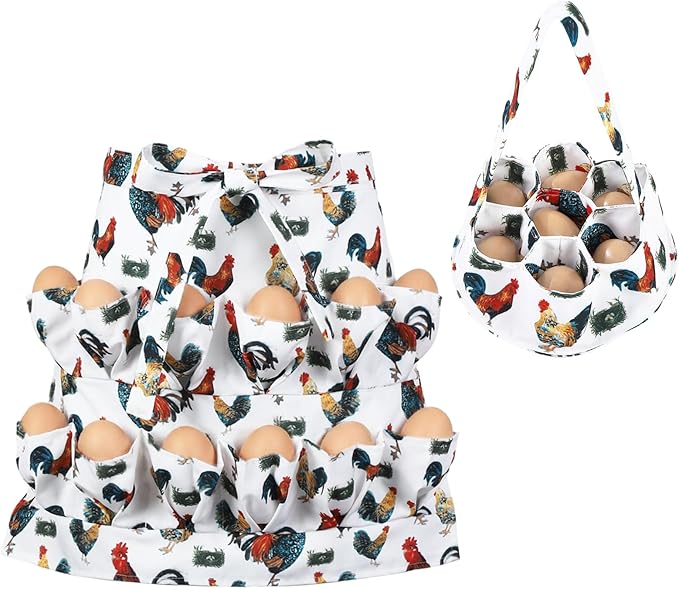 Egg Collecting Apron and Basket, 12 Pouches Chicken Egg Apron, 7 Pouches Chicken Eggs Basket, Collector Chicken Eggs