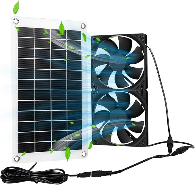 Solar Exhaust Fans Solar Ventilation Fan & Solar Panel with 10W Panel & Double Pack Brushless DC Fans IP65 Waterproof for Greenhouses, Chicken Coops, Attics, Barns, Sheds & Dog Houses (Black)