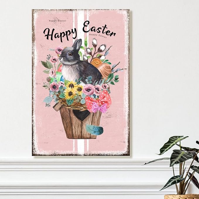 Wooden Sign Plaque Happy Easter Flower Basket Bunny Sign French Style Floral Pink Stripes Wooden Door Hanging Signs Hello Spring Happy Easter Day Sign Plaque for Bedroom 8x12in