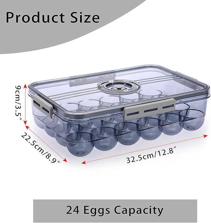BTSKY Premium Plastic Egg Holder for Fridge - 24 Egg Refrigerator Container, Organizer with Time Reminder and Lid