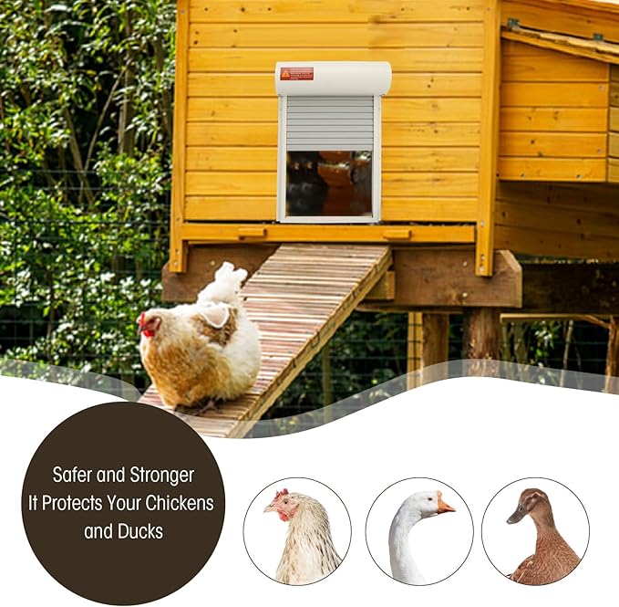 Pwshymi Automatic Chicken Coop Door, Solar Powered Chicken Door Opener with Timer LED Display for Duck Goose Poultry Safety (White)