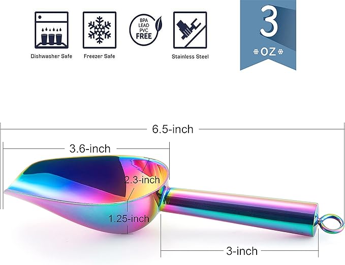 Mini Ice Scoop Set of 2, E-far 3 Ounce Rainbow Stainless Steel Scoops for Candy/Flour/Sugar, Small Metal Scoops for Party/Canisters Jars/Kitchen Bar/Ice Maker, Rust Proof & Dishwasher Safe