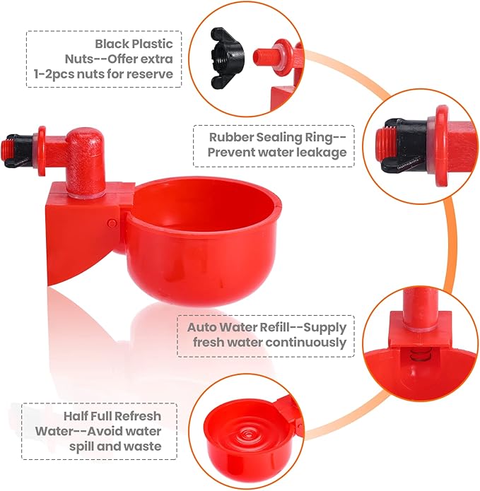 Chicken Waterer, DIY Chicken Water Feeder for Poultry Automatic Chicken Water Cups Gravity Filling Poultry Waterer with Hole Saw for Buckets Boxes Troughs (9 Pack)